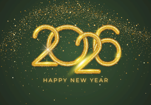 A glowing gold “2026” design with shimmering confetti dust and the words “Happy New Year” beneath, set against a dark green background.