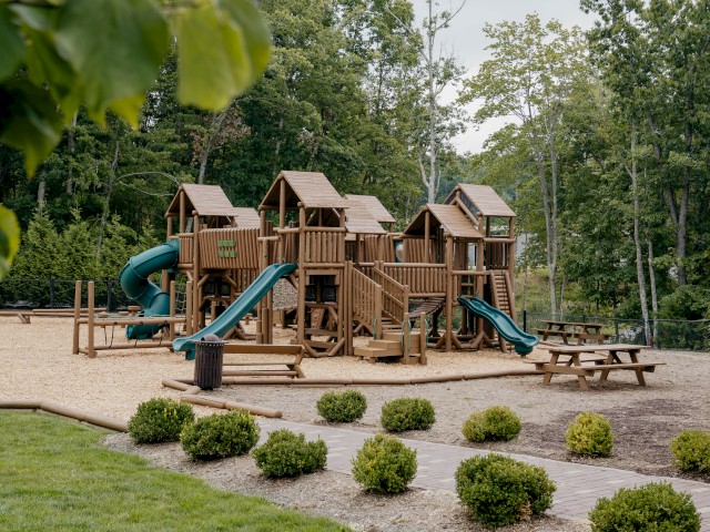 A playground with wooden structures, slides, picnic tables, and lush greenery, set in a park with trees in the background.