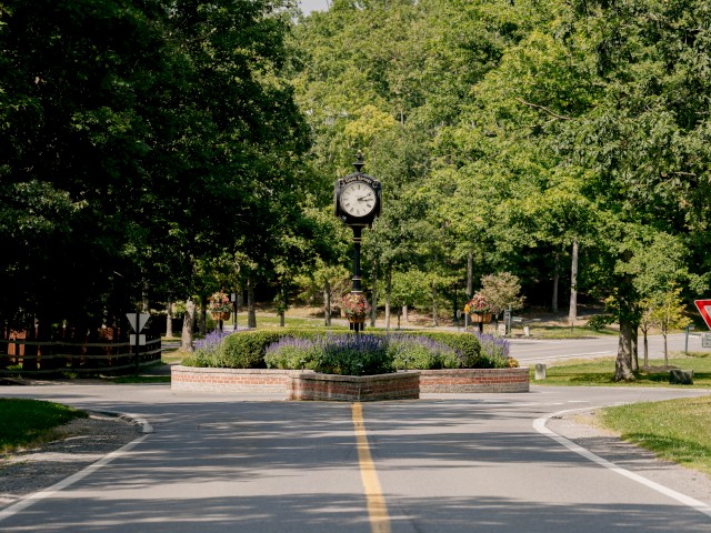 A road leads to a roundabout with a clock tower in the center, surrounded by greenery and flowers, under a clear sky.