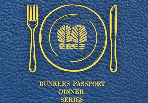 A blue textured passport cover with gold-embossed “PASSPORT” text, a plate between fork and knife, and the words “BUNKERS PASSPORT DINNER SERIES.”
