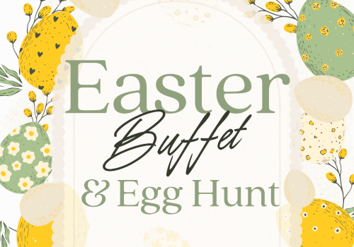 Easter buffet and egg hunt event shown with decorated eggs and floral designs in pastel colors.