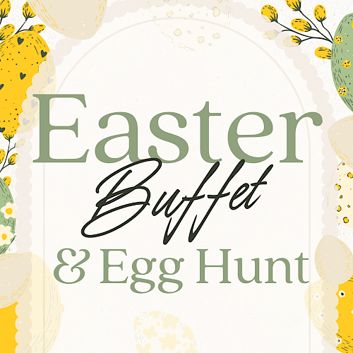 Easter buffet and egg hunt event shown with decorated eggs and floral designs in pastel colors.