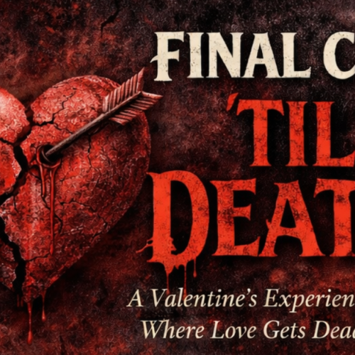 A horror poster shows a cracked heart with an arrow, 