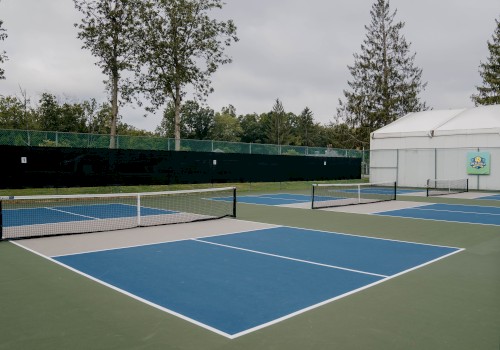 The image shows two outdoor pickleball courts with blue surfaces, surrounded by trees and a white structure in the background.