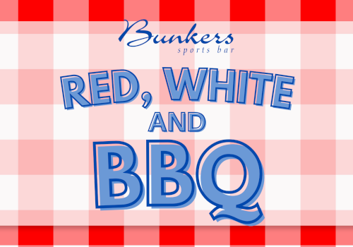 This is a menu or promotional sign for Bunkers Sports Bar featuring a red and white checkered background and text about 