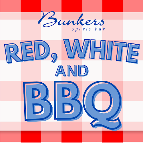 This is a menu or promotional sign for Bunkers Sports Bar featuring a red and white checkered background and text about 
