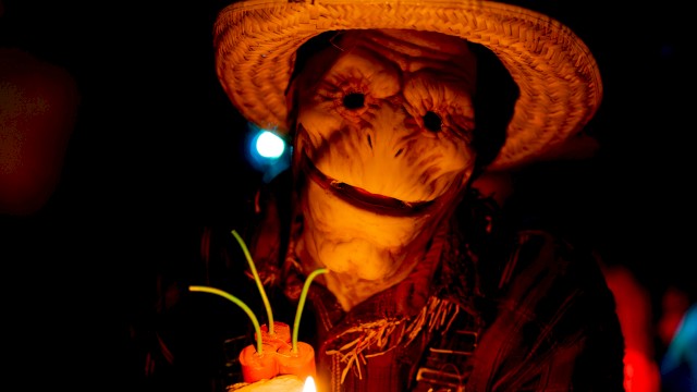 A man wearing a straw hat holds a lit sparkler, smiling in a dark, festive scene.