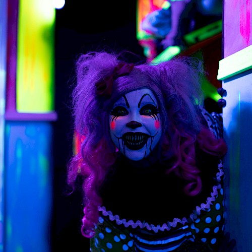 A creepy clown with vivid face paint and colorful hair lurks in a dimly lit, neon-colored hallway, creating an eerie atmosphere.