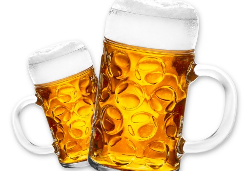 Two beer mugs filled with frothy beer are displayed against a white background.