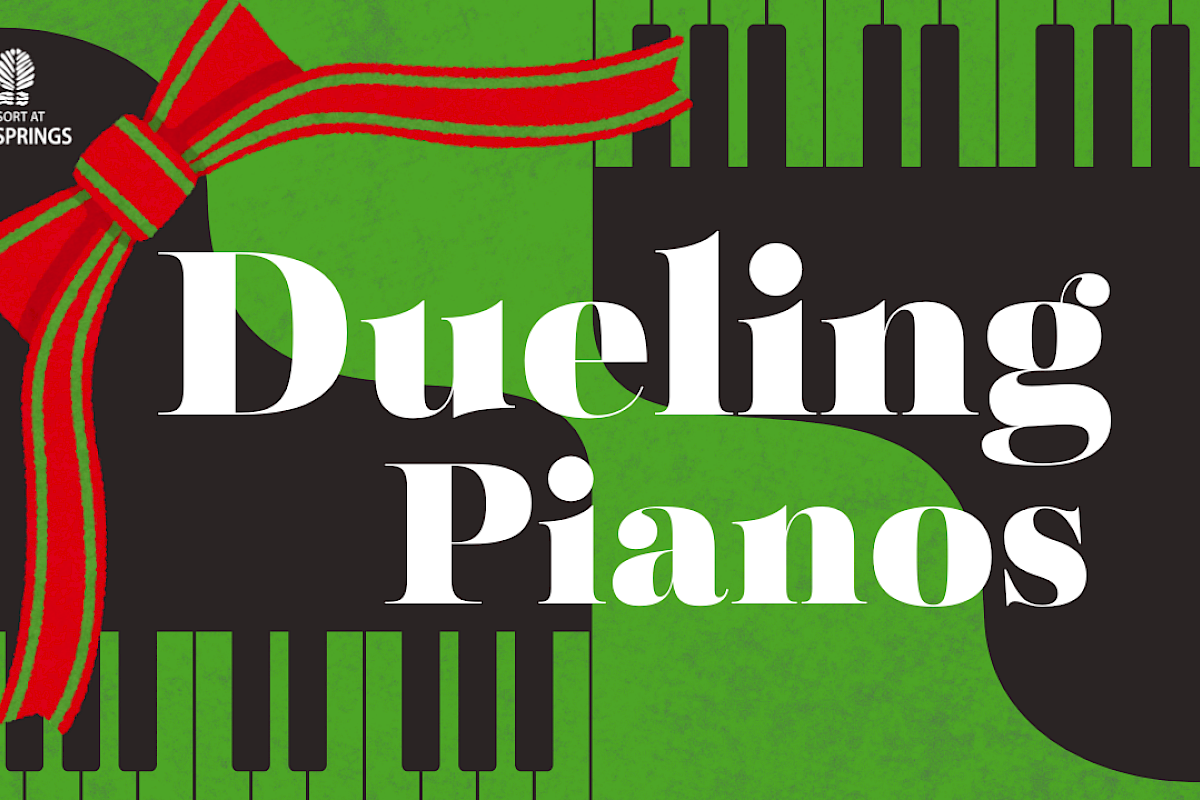 A festive poster advertising “Duelling Pianos,” with two black pianos, a red ribbon, and bold white text on a bright green background.