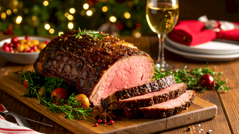 A juicy glazed beef roast on a cutting board with sliced portions, herbs, and a festive setting with wine.