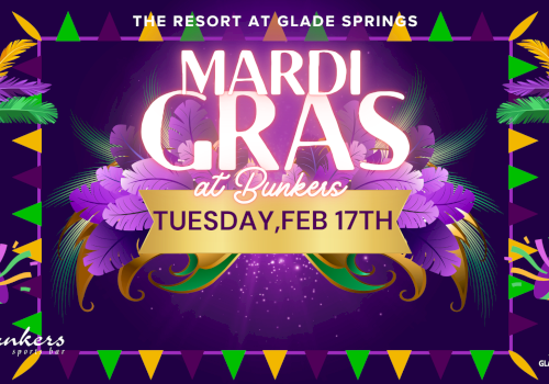Mardi Gras party at The Resort at Glade Springs: purple, green, and gold theme with feathers, banners, and festive décor.