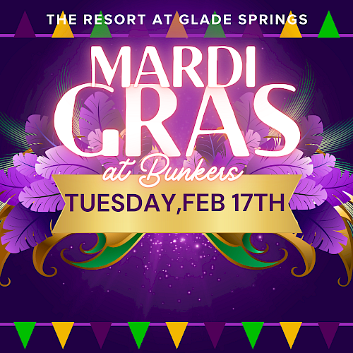 Mardi Gras party at The Resort at Glade Springs: purple, green, and gold theme with feathers, banners, and festive décor.
