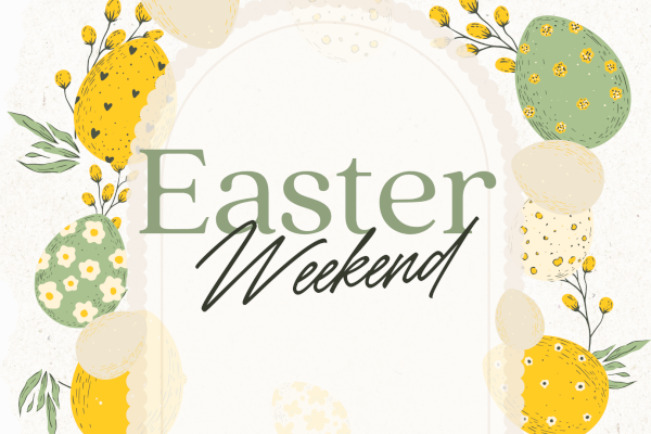 Easter Weekend celebration with decorated eggs, flowers, and festive design.