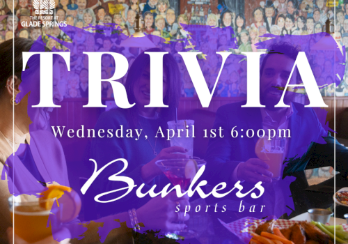 A trivia night at Bunkers Sports Bar on April 1st at 6:00 pm, hosted by The Resort at Glade Springs, with people enjoying drinks and food.