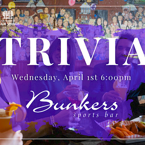 A trivia night at Bunkers Sports Bar on April 1st at 6:00 pm, hosted by The Resort at Glade Springs, with people enjoying drinks and food.