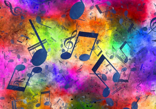 Vibrant splash of colors with scattered musical notes and symbols across the canvas, creating a lively musical collage.
