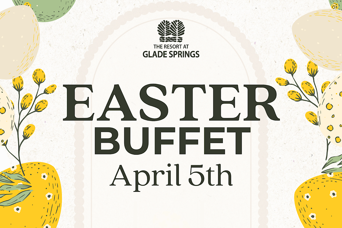Easter buffet event on April 5th at The Resort at Glade Springs, decorated with illustrated eggs and flowers.
