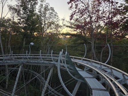 A damaged roller coaster track with fallen fencing, surrounded by trees at sunset, appears to be in disrepair or abandoned.