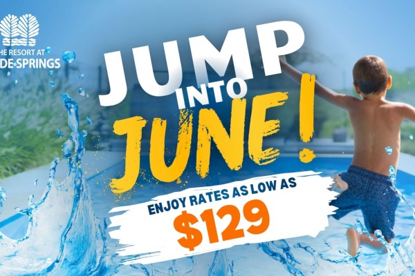 A child jumps into a pool at Glade Springs Resort in June, with water splashes around, promoting low rates starting at $129.