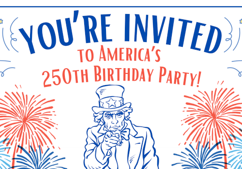 Invite to America's 250th birthday party with fireworks and Uncle Sam pointing at you.