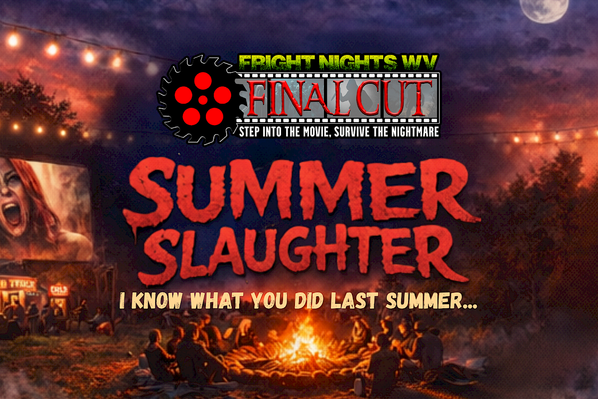 A spooky summer horror event poster with a campfire scene, creepy monster image, and text about surviving a summer slaughter challenge.
