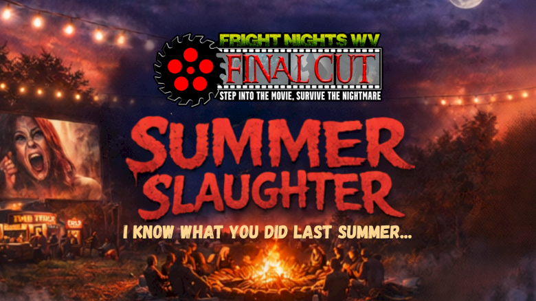 A spooky summer horror event poster with a campfire scene, creepy monster image, and text about surviving a summer slaughter challenge.