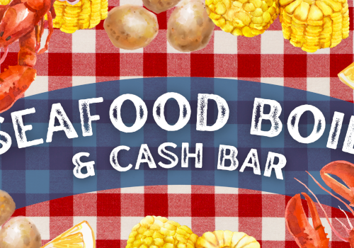 Seafood, food and cash bar on a red checkered tablecloth with illustrations of lobsters, potatoes, corn, and lemon slices.