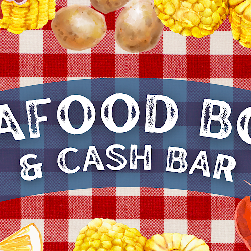 Seafood, food and cash bar on a red checkered tablecloth with illustrations of lobsters, potatoes, corn, and lemon slices.