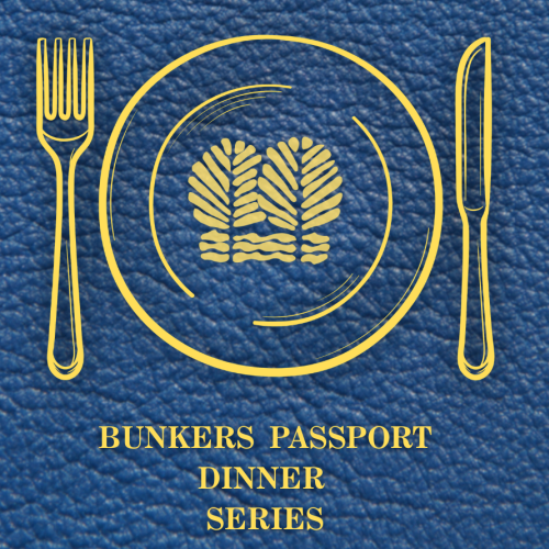 A navy blue textured background with a yellow line drawing of a plate with trees in the center, flanked by a fork and knife, titled 