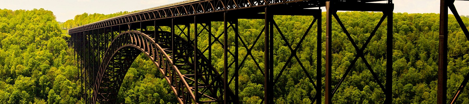 A tall, yellow bridge with an arch spans over a lush green forested valley under a partly cloudy sky.