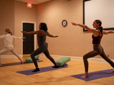 Women practicing yoga in a studio, standing on mats with arms extended, during a peaceful indoor session.