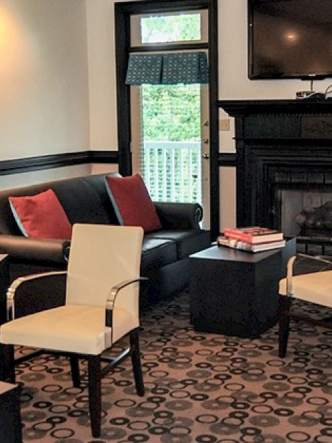 A cozy living room with a black fireplace, TV, white chairs, a sofa with red pillows, and modern decor.