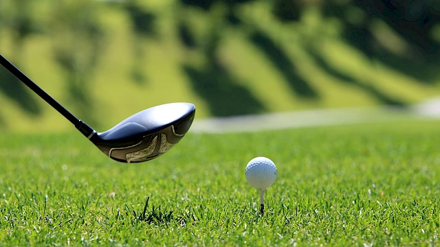 A golf club is positioned to hit a golf ball on a green course with trees in the background.